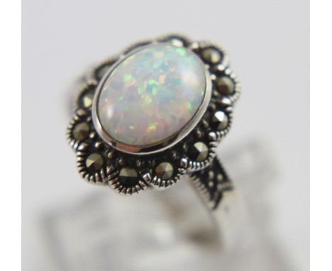 Silver opal marcasite ring, size Q