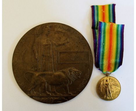 WWI memorial plaque and Victory medal to Arthur Ashworth