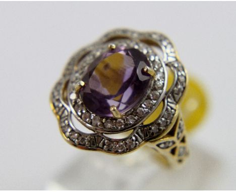 Sterling silver gold plated fancy amethyst and CZ ring, size P