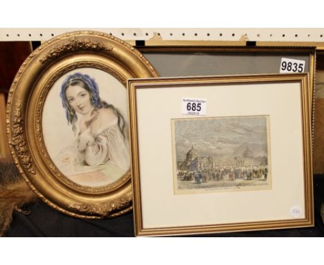 Lithograph of 1862 exhibition, watercolour of Buxton by Sagntianello and oval framed print of Victorian lady