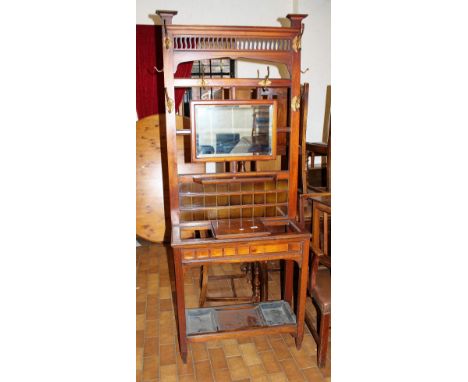 Mahogany mirror/tile backed hall stand with original trays, 79 x 200cm