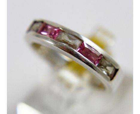 Sterling silver pink and white stone half eternity ring, size Q