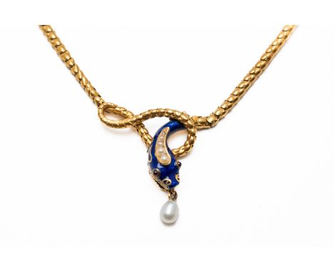 A VICTORIAN GOLD, ENAMELLED AND SEED PEARL SERPENT NECKLACEThe blue enamelled head clasp set with pearls to the top of the he