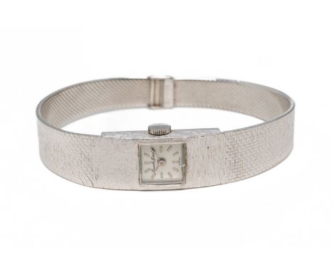 A BUECHE GIROD WATCHWith a signed square face and baton hour markers, fitted to a tapered woven link bracelet with bark textu