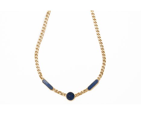 A GOLD, LAPIS LAZULI AND DIAMOND NECKLACE (2)The 18ct curb link necklace with three integrated double sided panels, one side 