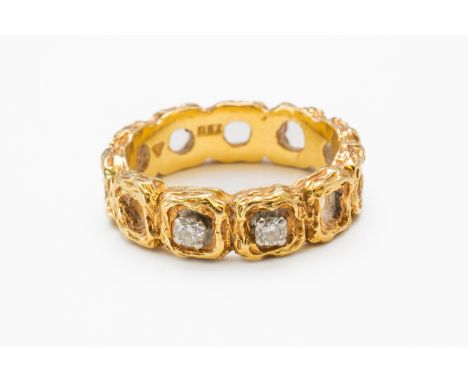 A DIAMOND SET BAND RING (2)The openwork band set with two round brilliant diamonds, with bark effect texture, in 18ct yellow 