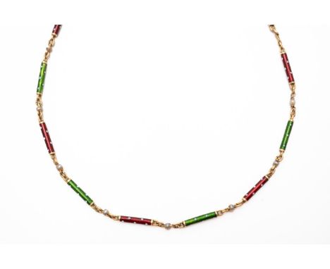 A GOLD, GREEN AND RED ENAMELLED AND SEED PEARL NECKCHAINThe spotted alternating red and green cylindrical enamel sections, wi