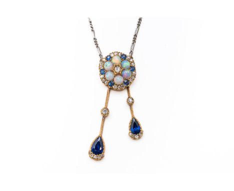 AN OPAL, SAPPHIRE AND DIAMOND DROP NECKLACE (3)With a central old cut diamond surrounded by six round cabochon opals and furt