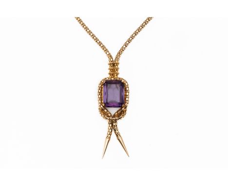 A SYNTHETIC COLOUR CHANGE SAPPHIRE NECKLACEThe central synthetic colour change sapphire, claw set in a knotted motif of chain