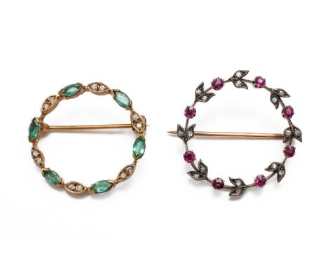 TWO DIAMOND AND GEMSTONE SET CIRCULAR BROOCHES (2)One set with marquise cut emeralds and round brilliant cut diamonds, in 9ct