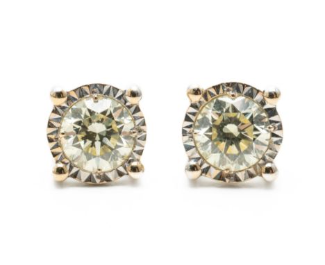 A PAIR OF YELLOW DIAMOND STUD EARRINGS (3)Each set with an estimated 0.68 carat round brilliant diamond, with an estimated cl