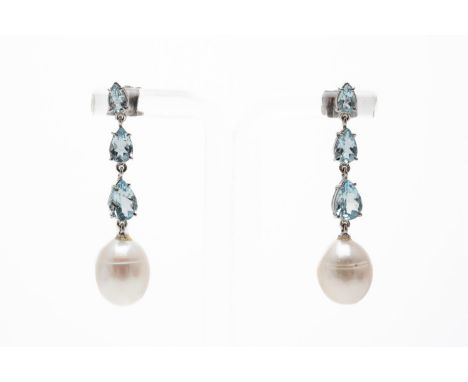 A PAIR OF AQUAMARINE AND PEARL DROP EARRINGS (2)Each set with three graduating pear cut aquamarines in claw settings, suspend