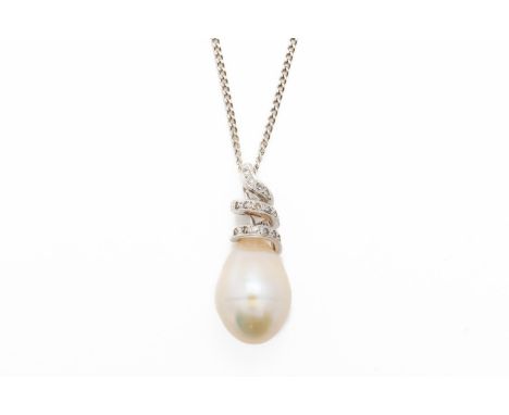 A DIAMOND AND CULTURED PEARL PENDANT NECKLACEThe cultured pearl measuring 10mm x 16mm, suspended from a spiral diamond set ba