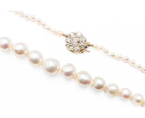 A NATURAL SALTWATER PEARL NECKLACE WITH DIAMOND CLASPOne hundred and twenty natural salt water pearls and one cultured pearl,