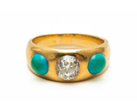 A TURQUOISE AND DIAMOND RING (2)The central old cut diamond weighing an estimated 0.67 carats, flanked on either side by a ro