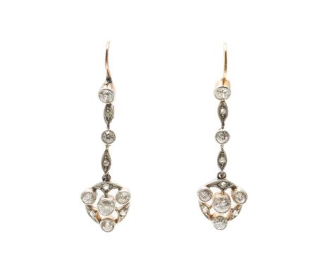 A PAIR OF DIAMOND PENDANT CLUSTER EARINGS (2)Each trefoil form drop mounted with alternating old cut and rose cut diamonds wi