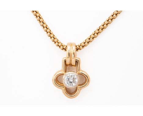 A SINGLE STONE DIAMOND PENDANT NECKLACEThe openwork quatrefoil design pendant hosting a bezel set round brilliant cut diamond
