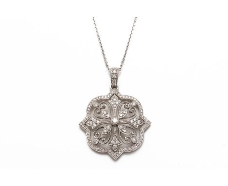 A DIAMOND SET PENDANT NECKLACEThe openwork pendant set with round brilliant cut diamonds, with millgrain detailing and a diam