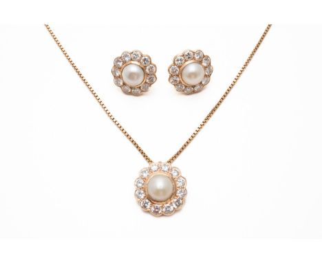 A PEARL AND DIAMOND FLORAL CLUSTER NECKLACE WITH MATCHING EARRINGS (4)With a central half-pearl measuring 8.7mm, surrounded b