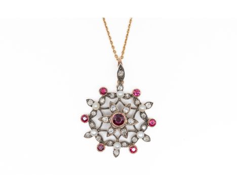 A RUBY, DIAMOND AND CULTURED PEARL PENDANT NECKLACEThe pendant a circular floral openwork motif set with round cut rubies, ol