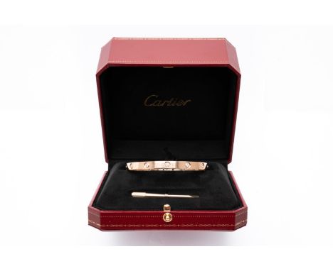 A ROSE GOLD CARTIER LOVE BANGLE, TEN DIAMONDS, BOXED (3)Set with ten round brilliant diamonds around the bangle, with screw f