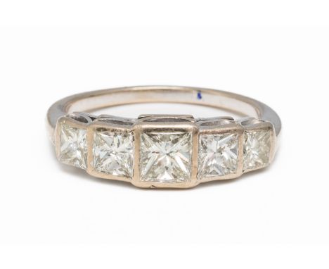 A FIVE STONE PRINCESS CUT DIAMOND RING (2)All bezel set with a total estimated weight of 1.56 carats, in unmarked white gold 