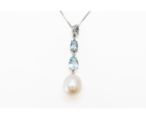 A PEARL AND AQUAMARINE PENDANT NECKLACE (2)Set with three graduating pear cut aquamarines in claw settings, suspending a whit
