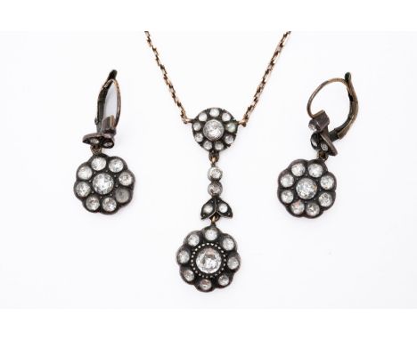 A ROSE CUT DIAMOND FLORAL NECKLACE AND MATCHING EARRINGS (4)The necklace with a central floral motif suspended from a further