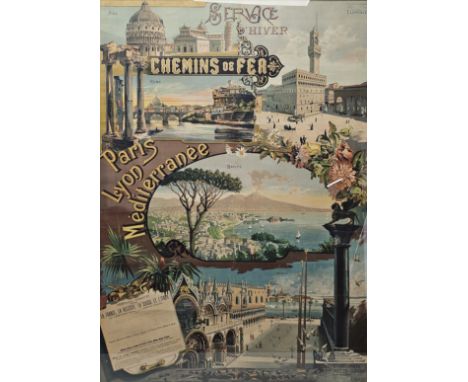 R. Bonis. French rail travel poster. Lithograph. Chemins de fer Paris-Lyon-Méditerranée. Advertising the winter service to It