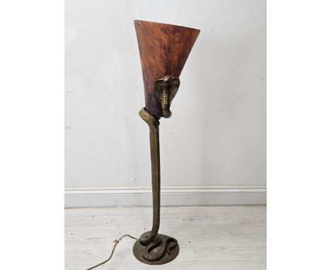A French brass standard lamp, after a design by Edgar Brandt. Cast as a coiled cobra with a Verre De Francais mottled glass c