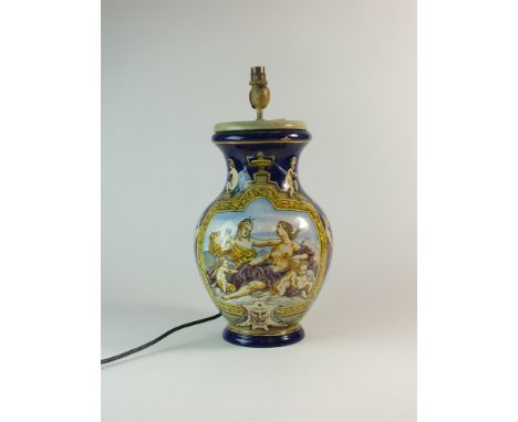 An Italian maiolica vase 19th century, painted with panels of classical figures, fitted as an electric lamp, 37cm high