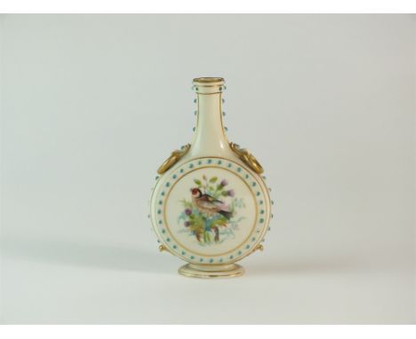 A Royal Worcester moon flask circa 1900, painted with a goldfinch perched on a branch, printed factory marks, 16.5cm high