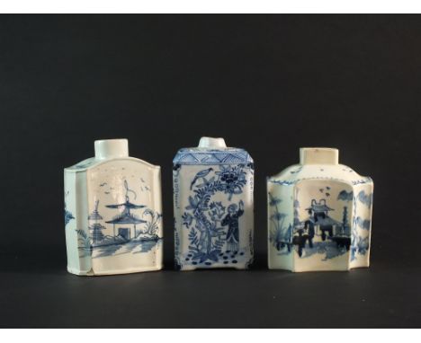 A Dutch delft rectangular blue and white tea caddy, 19th century, painted with chinosierie scenes including figures, trees, a