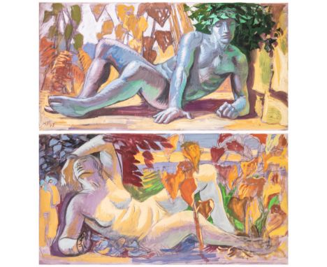 • HANS FEIBUSCH (GERMAN-BRITISH 1898-1998) THE FOUR SEASONS: RECLINING MALE FIGURE WITH LAUREL CROWN IN WOODLAND - recto; STU