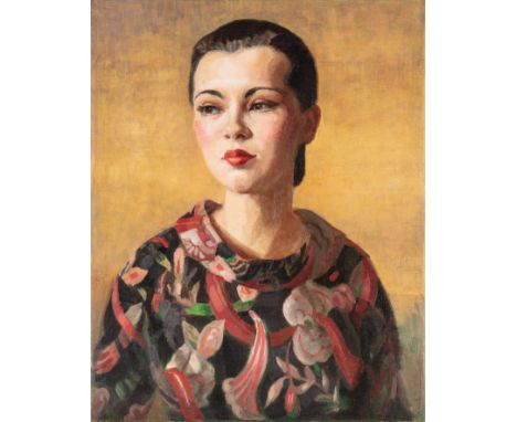 • HEDWIG PILLITZ (BRITISH-HUNGARIAN 1896-1987) PORTRAIT OF A WOMAN WEARING A FLORAL DRESSsigned PiLLiTZ lower rightoil on can