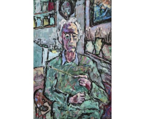 • LESLIE MARR (BRITISH 1922-2021) SELF-PORTRAIT: IN THE STUDIOsigned and dated Marr 04 lower leftoil on canvas90 x 60cm; 35 1
