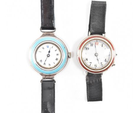 Two guilloche enamelled wrist watches. The first of hallmarked silver having a white dial &amp; Roman numeral indices to a pa