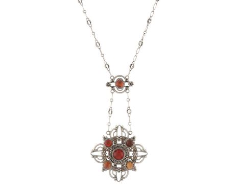 An Arts &amp; Crafts silver fire opal cabochon pendant, with similarly-set surmount and integral fancy-link chain, length of 
