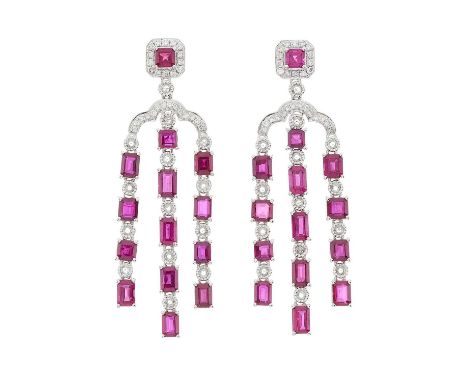A pair of platinum ruby and vari-cut diamond chandelier drop earrings, total ruby weight 6.46ct, total diamond weight 0.66ct,