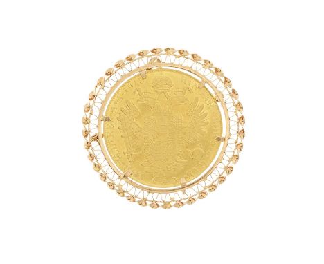 Austria, Franz Joseph I, a gold four Ducat coin, dated 1915, mounted as an 18ct gold pendant, with openwork surround, may als