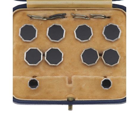 Deakin &amp; Francis, a 1960s 9ct gold onyx dress stud set, maker's marks for Deakin &amp; Francis, hallmarks for Birmingham,