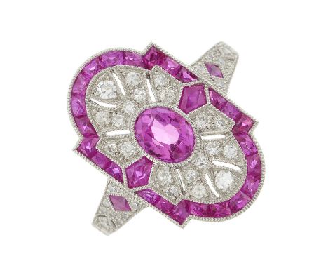 A platinum ruby and single-cut diamond openwork dress ring, with calibre-cut ruby surround, principal ruby estimated weight 0
