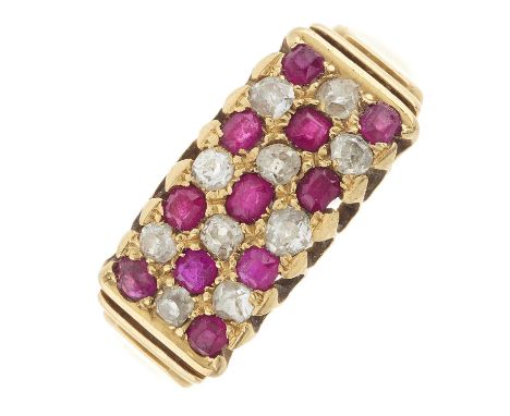 A late Victorian 18ct gold ruby and old-cut diamond three-row ring, estimated total diamond weight 0.40ct, hallmarks for Ches