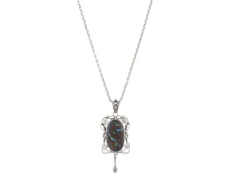 An Art Nouveau silver boulder opal cabochon pendant, with foliate surround and bead accent drop, suspended from a later silve