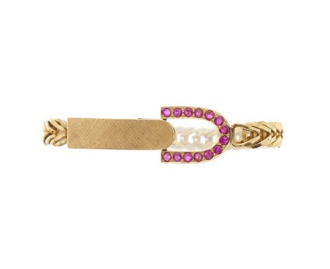 A 1980s 18ct gold chevron-link bracelet, with ruby line stirrup folding clasp, length 20.5cm, 59.5gOverall good conditionMode