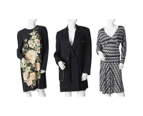 Three items of ladies designer clothing, to include a black floral patterned Dolce &amp; Gabanna dress, a classic black and w