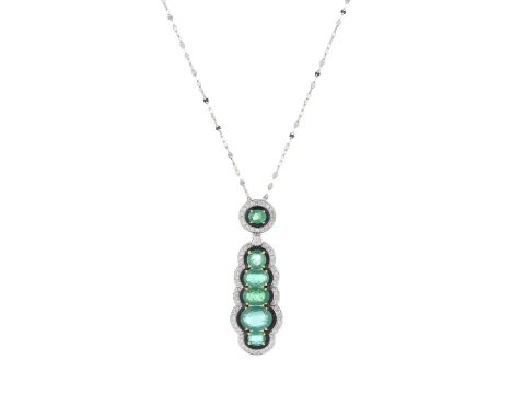 A platinum emerald, diamond and black enamel drop pendant, with platinum chain,total emerald weight 4.63ct, total diamond wei