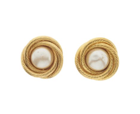 Chanel, a pair of clip-on earrings, featuring an imitation pearl to the centre and a gold-tone twisted rope surround, signed 