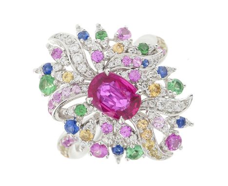 A platinum unheated ruby and multi-gem cocktail dress ring, gems to include vari-hue sapphires, green garnets and diamonds, p