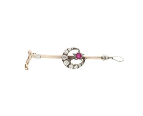 An early 20th century gold, old-cut diamond and ruby, star and crescent riding crop brooch, estimated total diamond weight 0.